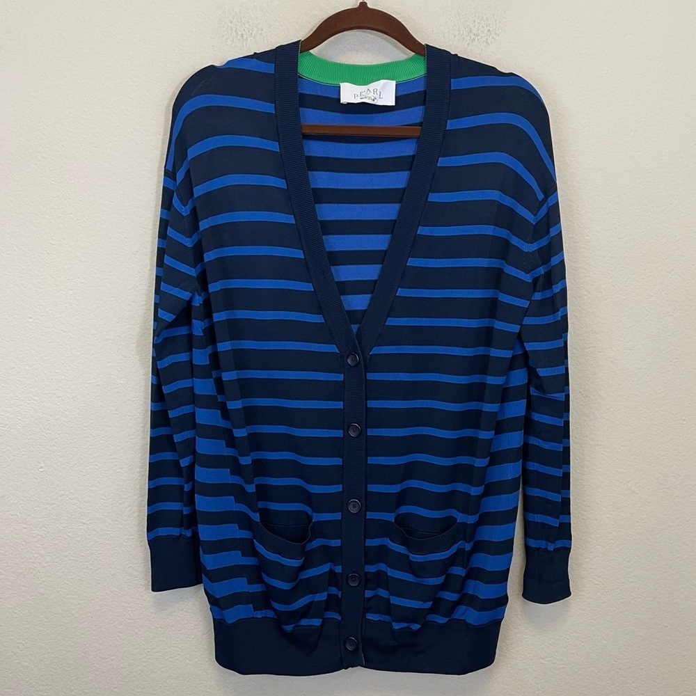 PEARL by Lela Rose‎ Navy Nautical Striped V Neck Button Up Sweater Size Small